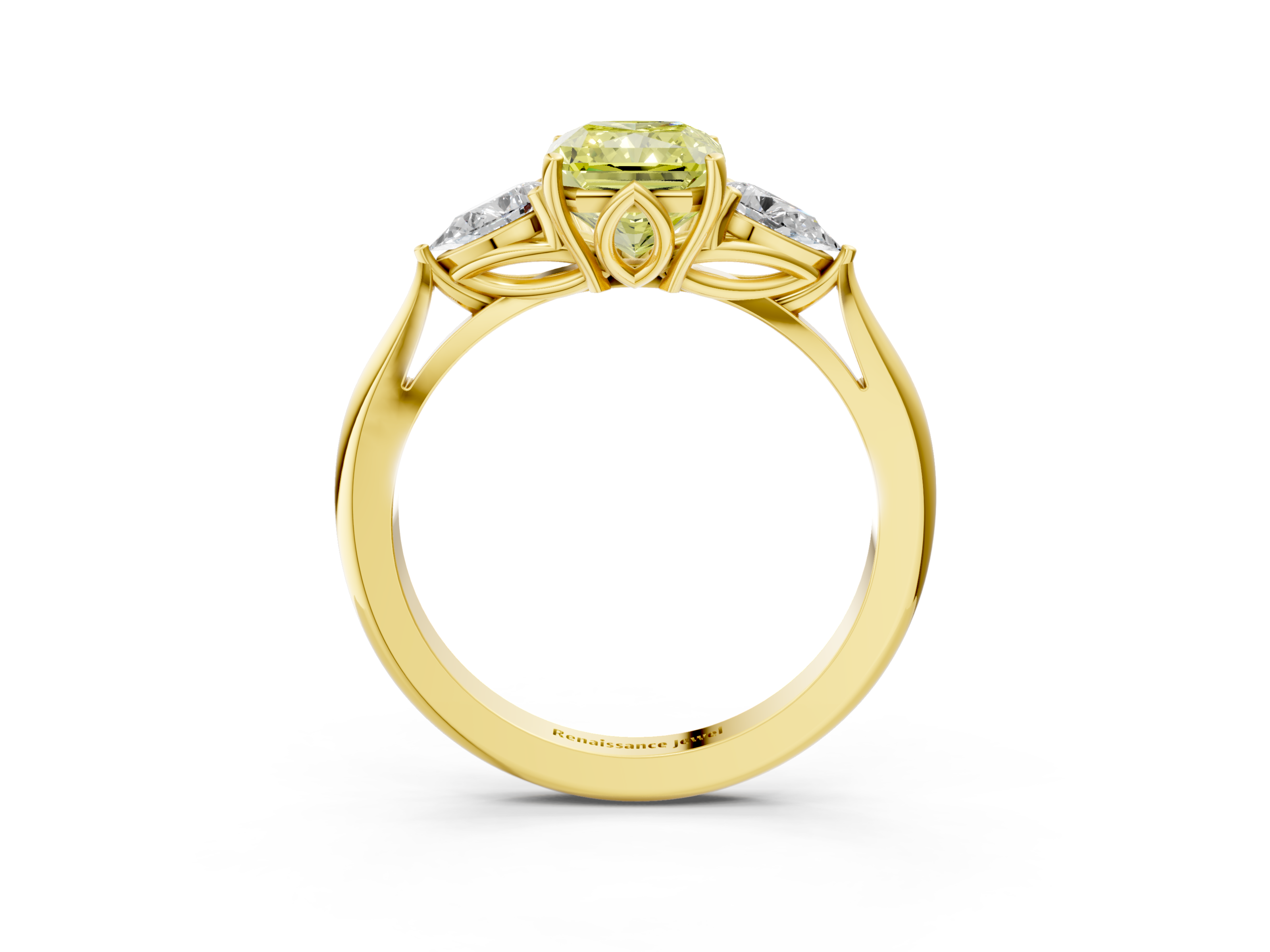 Yellow gold Three-Stone Fancy Yellow Radiant  Diamond Solitaire Ring with Pear Side Stones and Four-Prong Setting_33