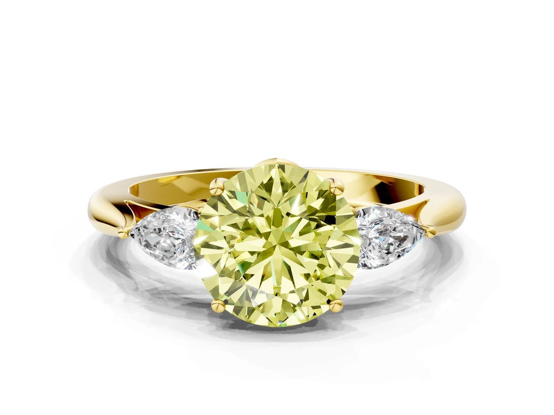 Yellow gold Three-Stone Fancy Yellow Round Cut Brilliant Diamond Solitaire Ring with Tapered Band and Four-Prong Setting_6