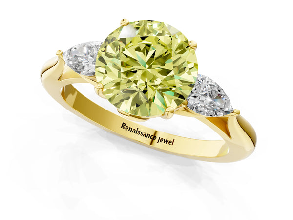 Yellow Gold Round Three Stone Engagement Ring Setting for Fancy Yellow Center - Design RJ-632