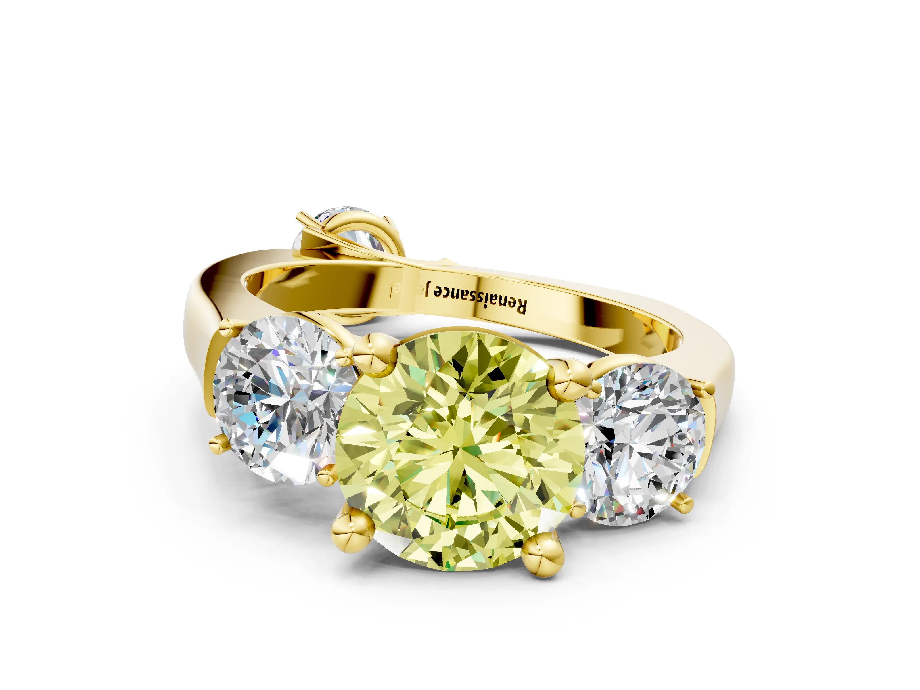 Yellow gold Three-Stone Fancy Yellow Round Cut Brilliant Diamond Trellis Ring with Comfort Fit Band