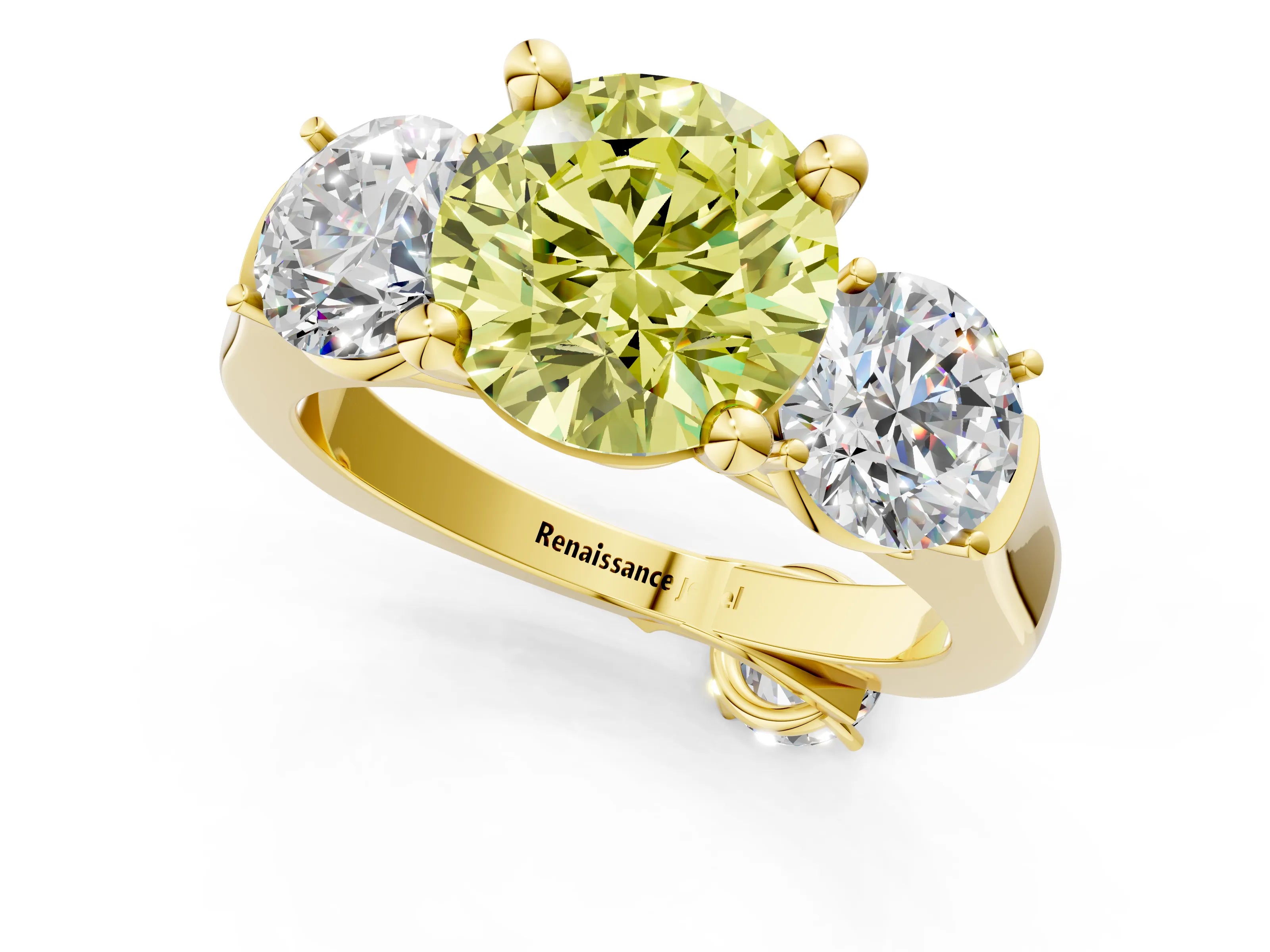Yellow gold Three-Stone Fancy Yellow Round Cut Brilliant Diamond Trellis Ring with Comfort Fit Band_1