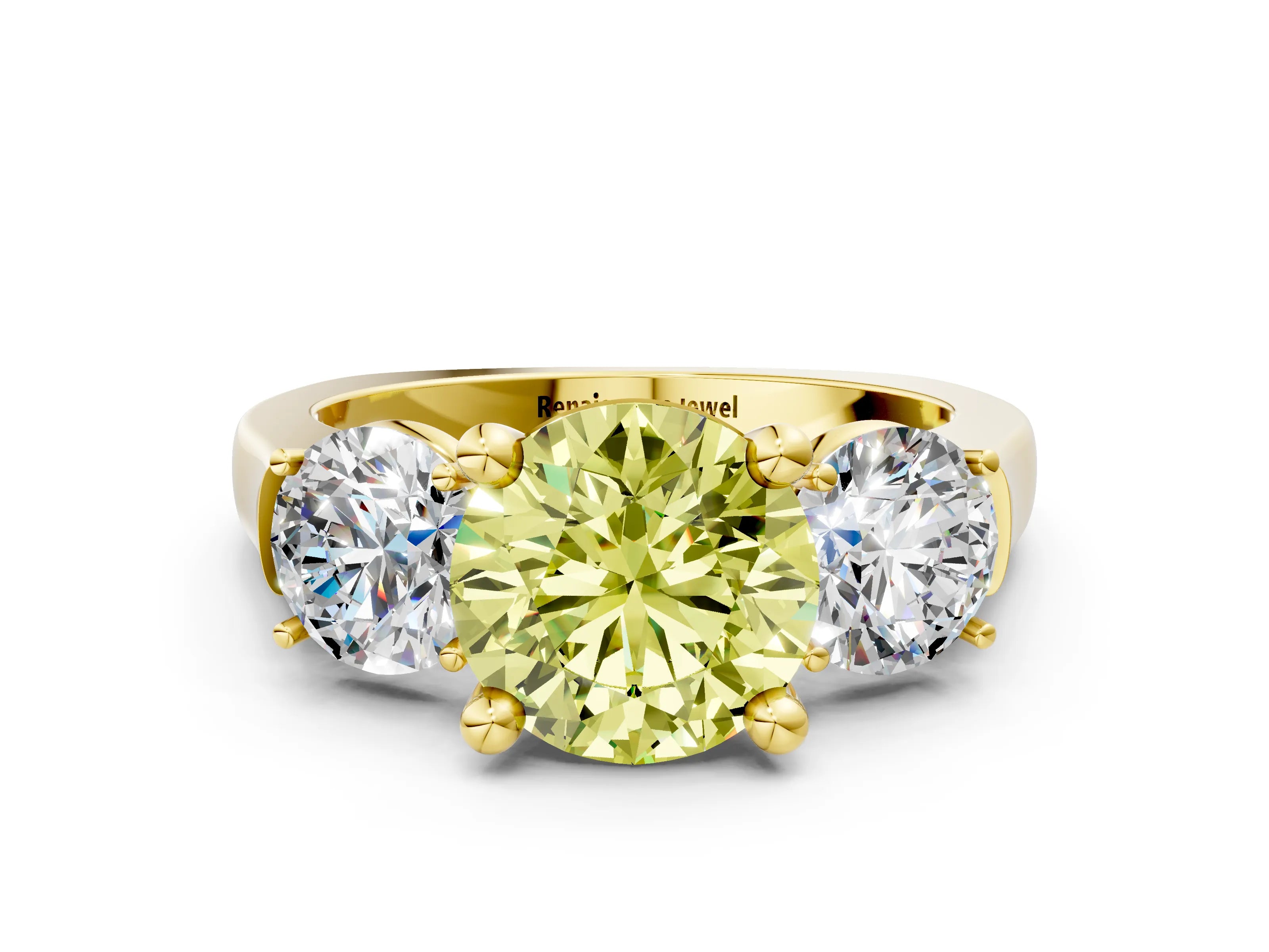 Yellow gold Three-Stone Fancy Yellow Round Cut Brilliant Diamond Trellis Ring with Comfort Fit Band_12