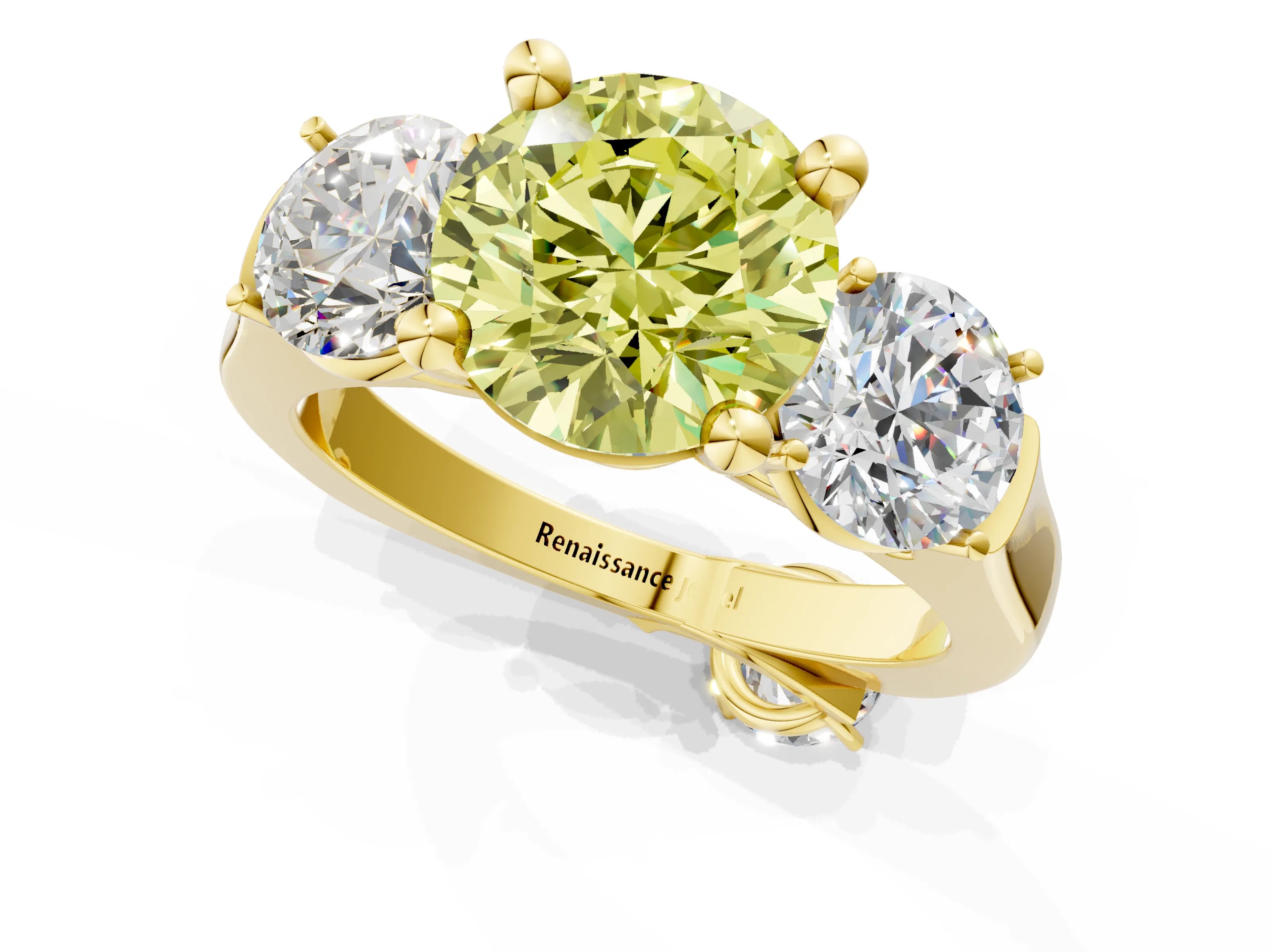 Yellow gold Three-Stone Fancy Yellow Round Cut Brilliant Diamond Trellis Ring with Comfort Fit Band_13