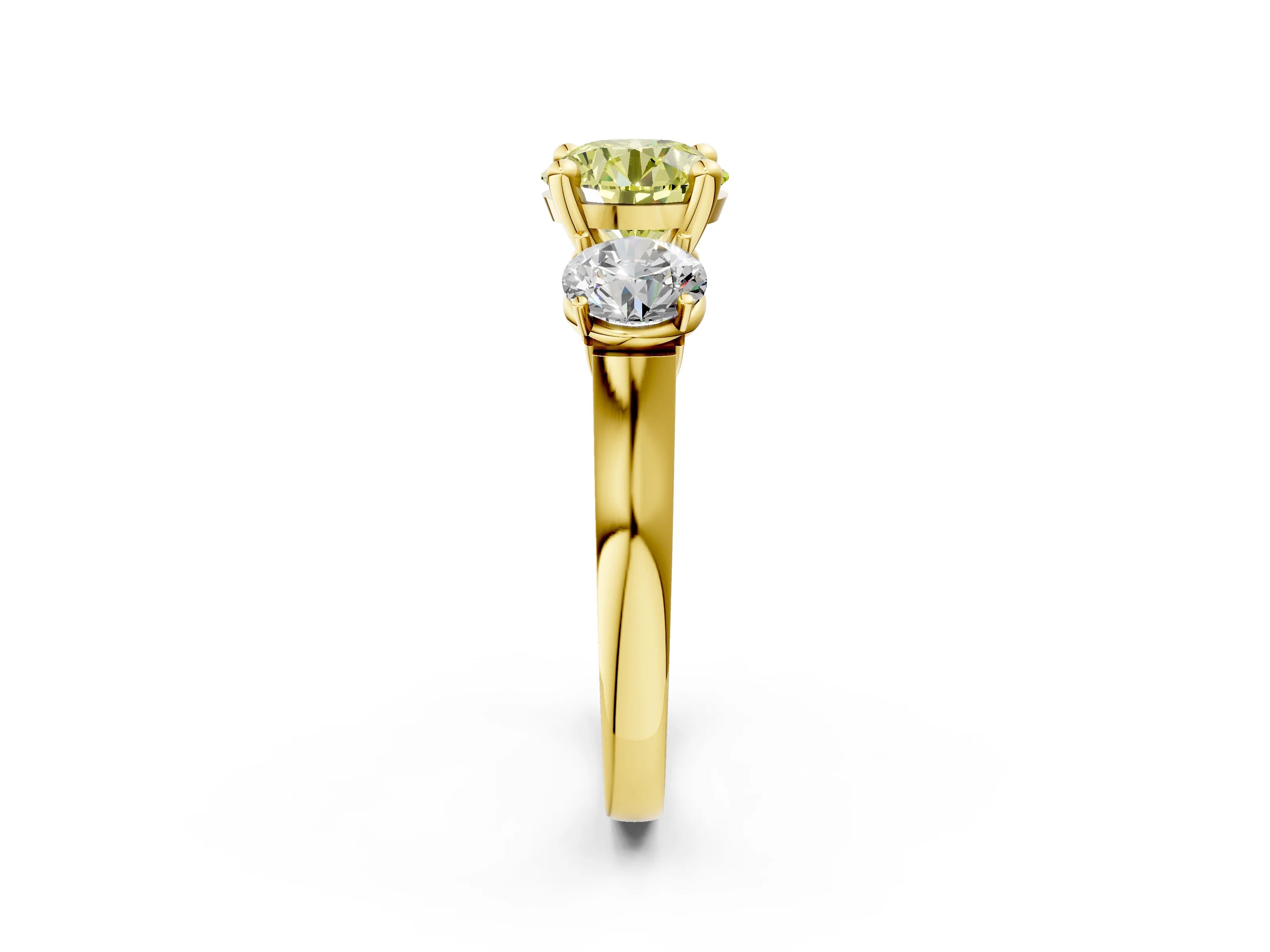 Yellow gold Three-Stone Fancy Yellow Round Cut Brilliant Diamond Trellis Ring with Comfort Fit Band_14