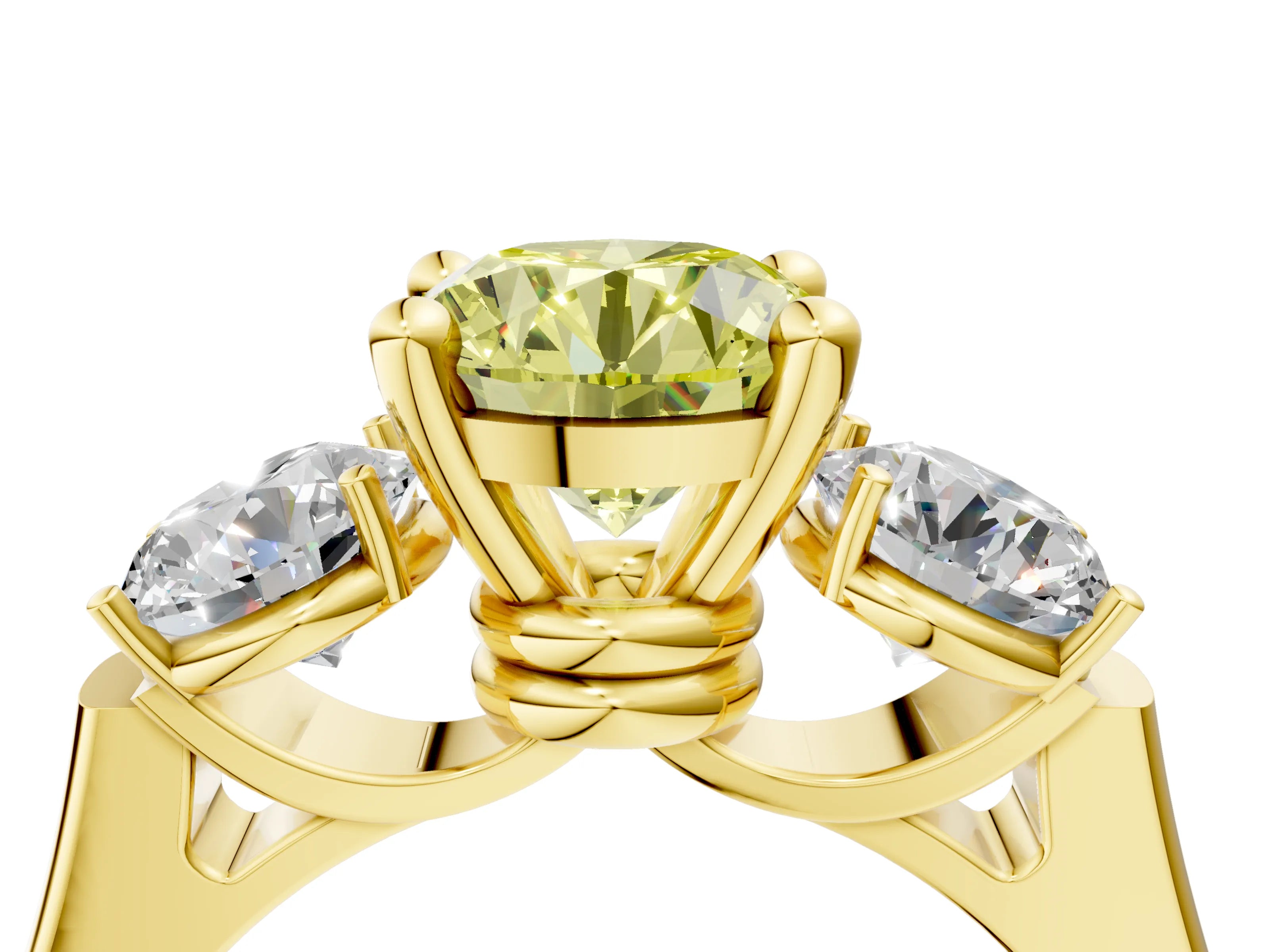 Yellow gold Three-Stone Fancy Yellow Round Cut Brilliant Diamond Trellis Ring with Comfort Fit Band_16