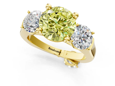 Yellow gold Three-Stone Fancy Yellow Round Cut Brilliant Diamond Trellis Ring with Comfort Fit Band_1