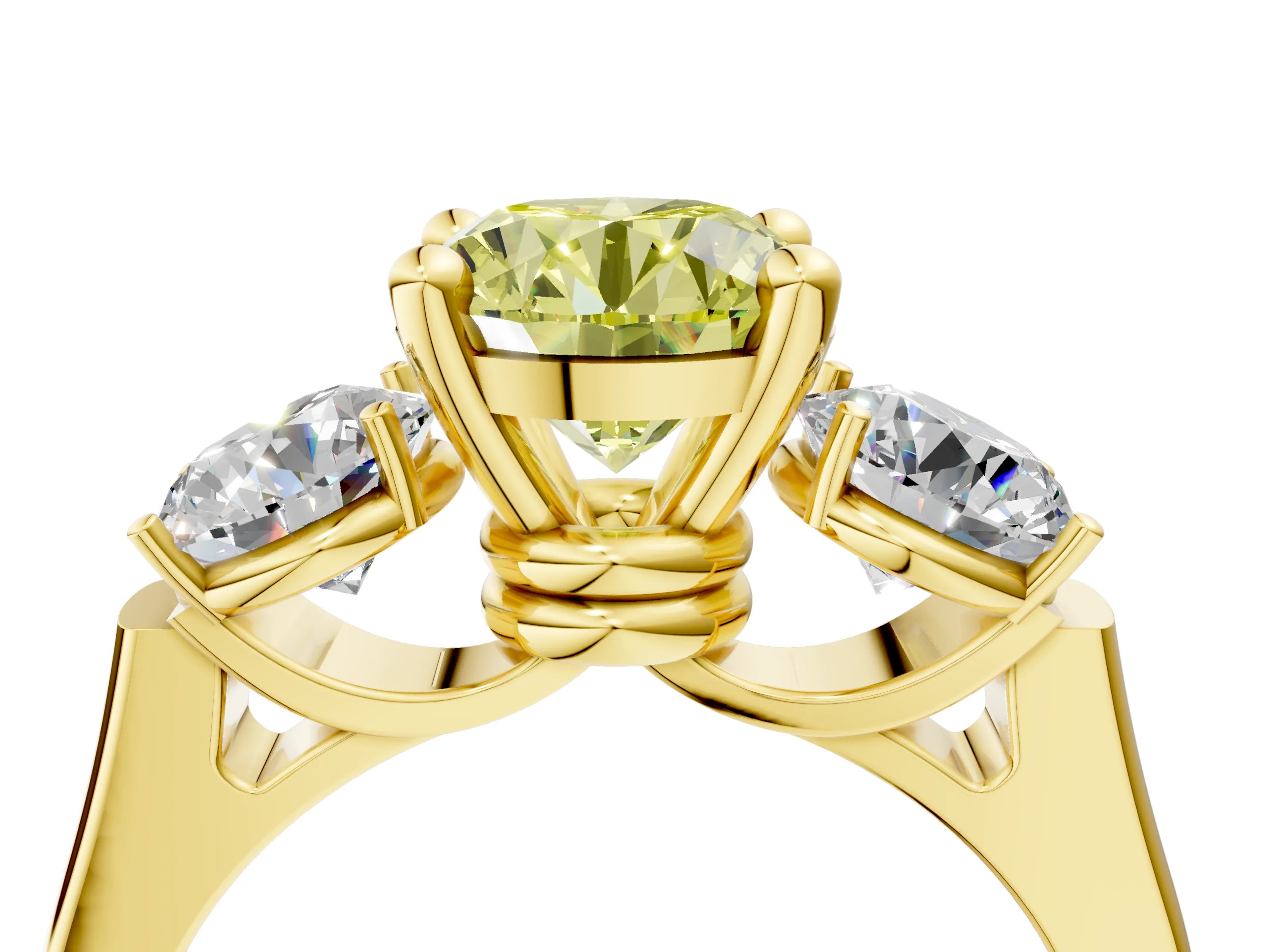 Yellow gold Three-Stone Fancy Yellow Round Cut Brilliant Diamond Trellis Ring with Comfort Fit Band_4