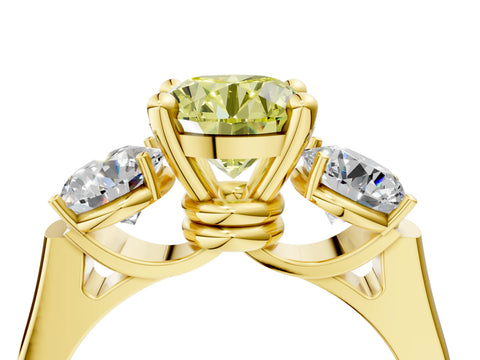 Yellow gold Three-Stone Fancy Yellow Round Cut Brilliant Diamond Trellis Ring with Comfort Fit Band_4