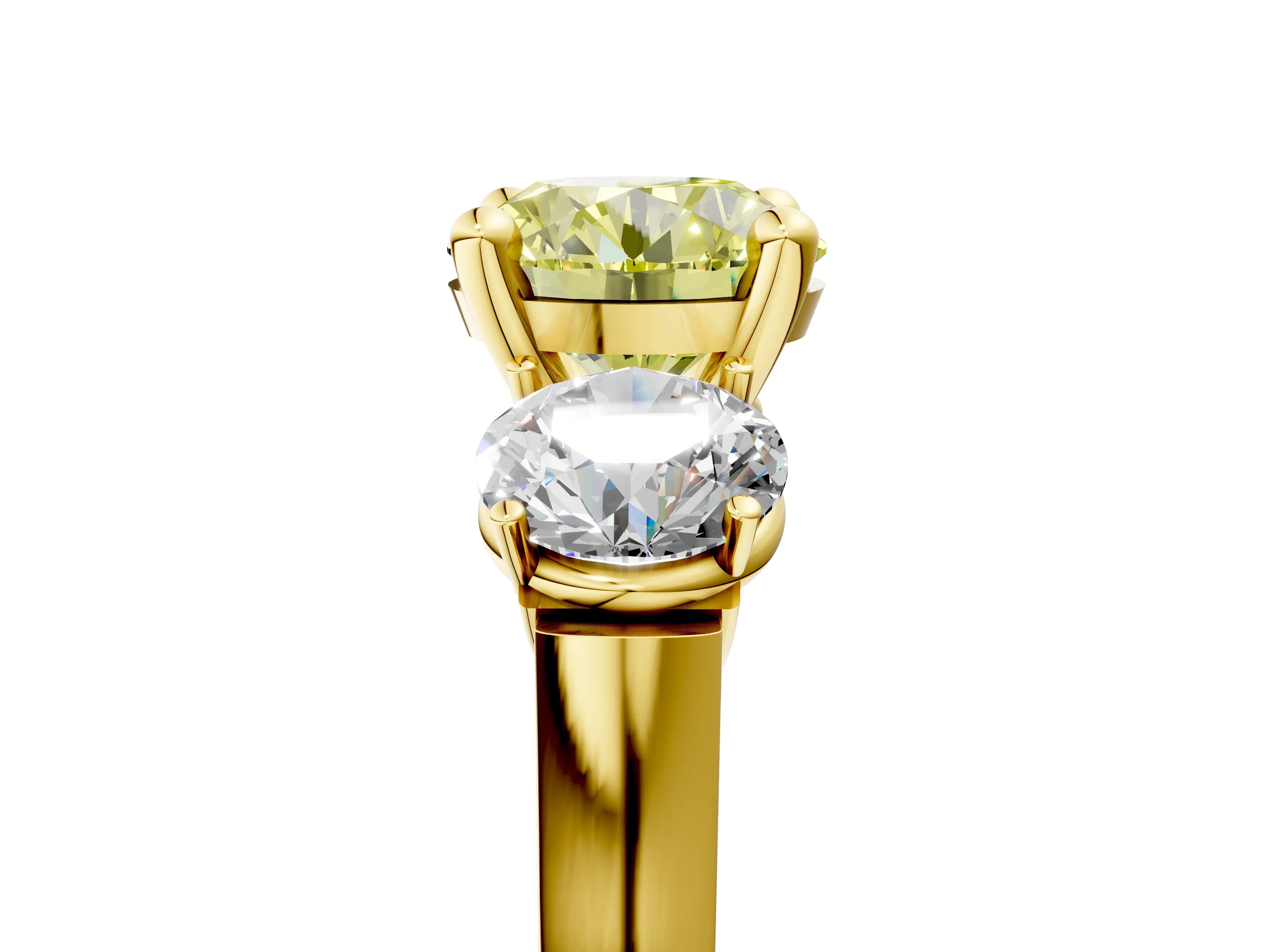 Yellow gold Three-Stone Fancy Yellow Round Cut Brilliant Diamond Trellis Ring with Comfort Fit Band_5