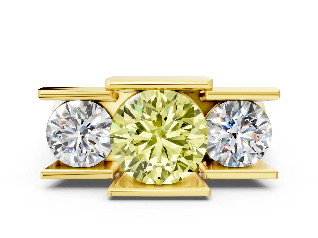 Yellow gold Three Stone Fancy Yellow Round Cut Cut Channel Set Diamond Ring