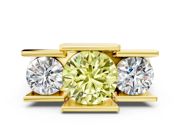 Yellow gold Three Stone Fancy Yellow Round Cut Cut Channel Set Diamond Ring