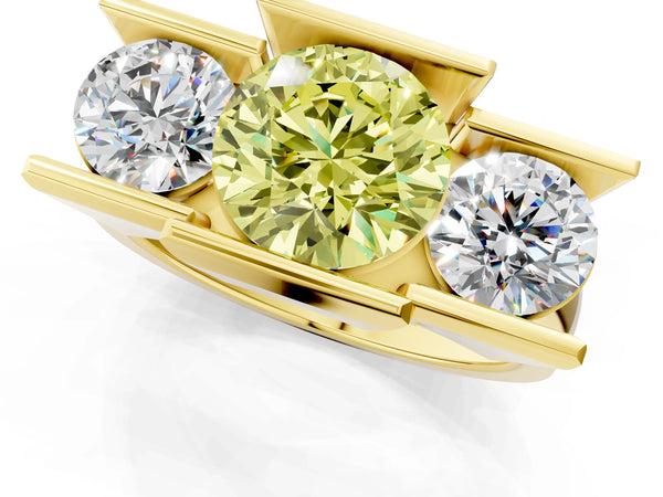 Yellow gold Three Stone Fancy Yellow Round Cut Cut Channel Set Diamond Ring