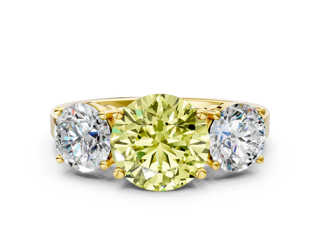 Yellow gold Three-Stone Fancy Yellow Round Cut Cut Diamond Engagement Ring with Flat Band and Four-Prong Setting_12