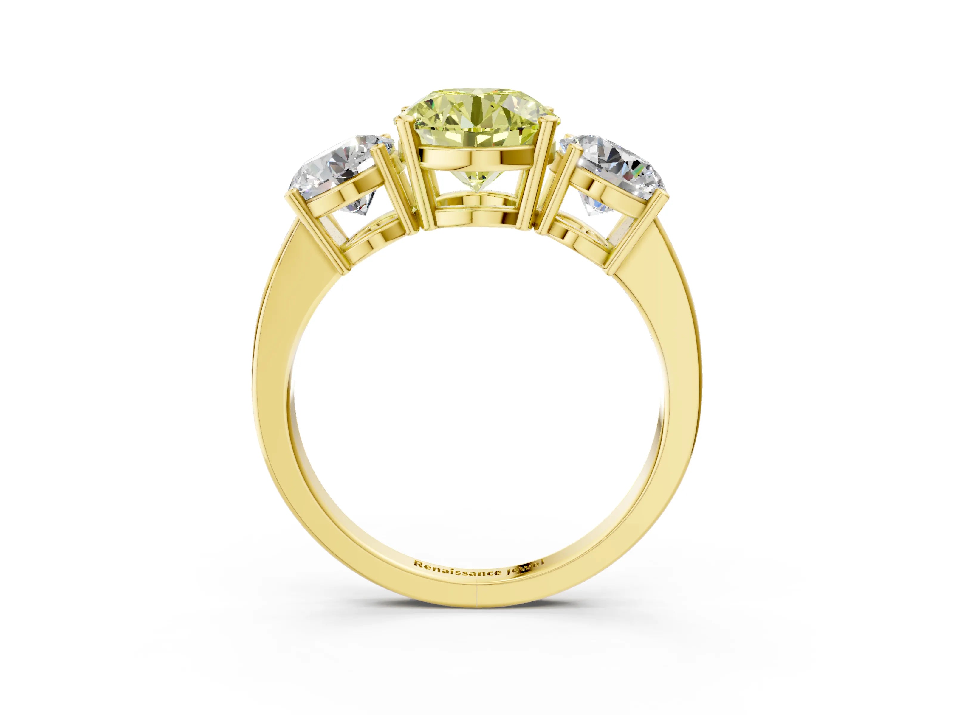 Yellow gold Three-Stone Fancy Yellow Round Cut Cut Diamond Engagement Ring with Flat Band and Four-Prong Setting_3