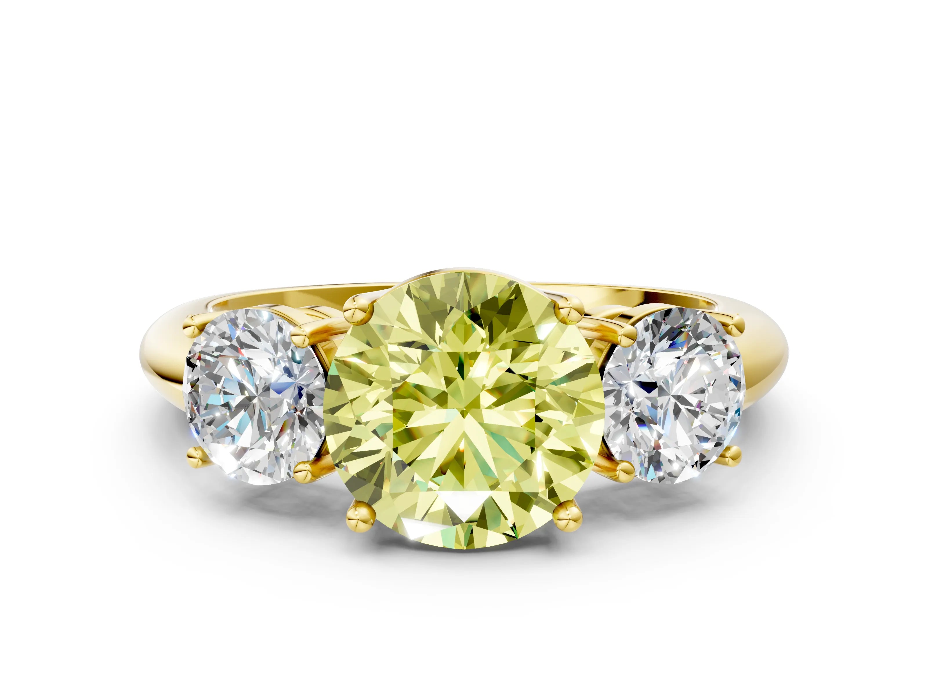 Yellow gold Three-Stone Fancy Yellow Round Cut Cut Diamond Engagement Ring with Prong Setting on a White Gold Band
