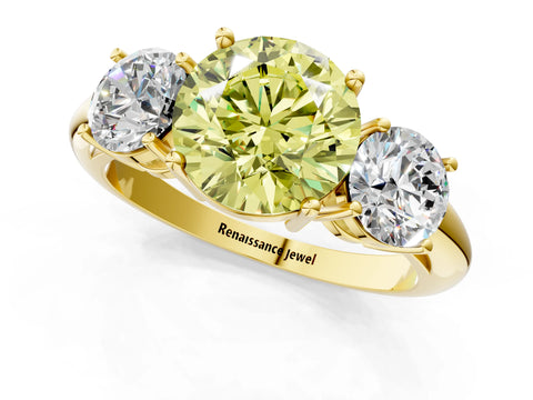 Yellow gold Three-Stone Fancy Yellow Round Cut Cut Diamond Engagement Ring with Prong Setting on a White Gold Band_1