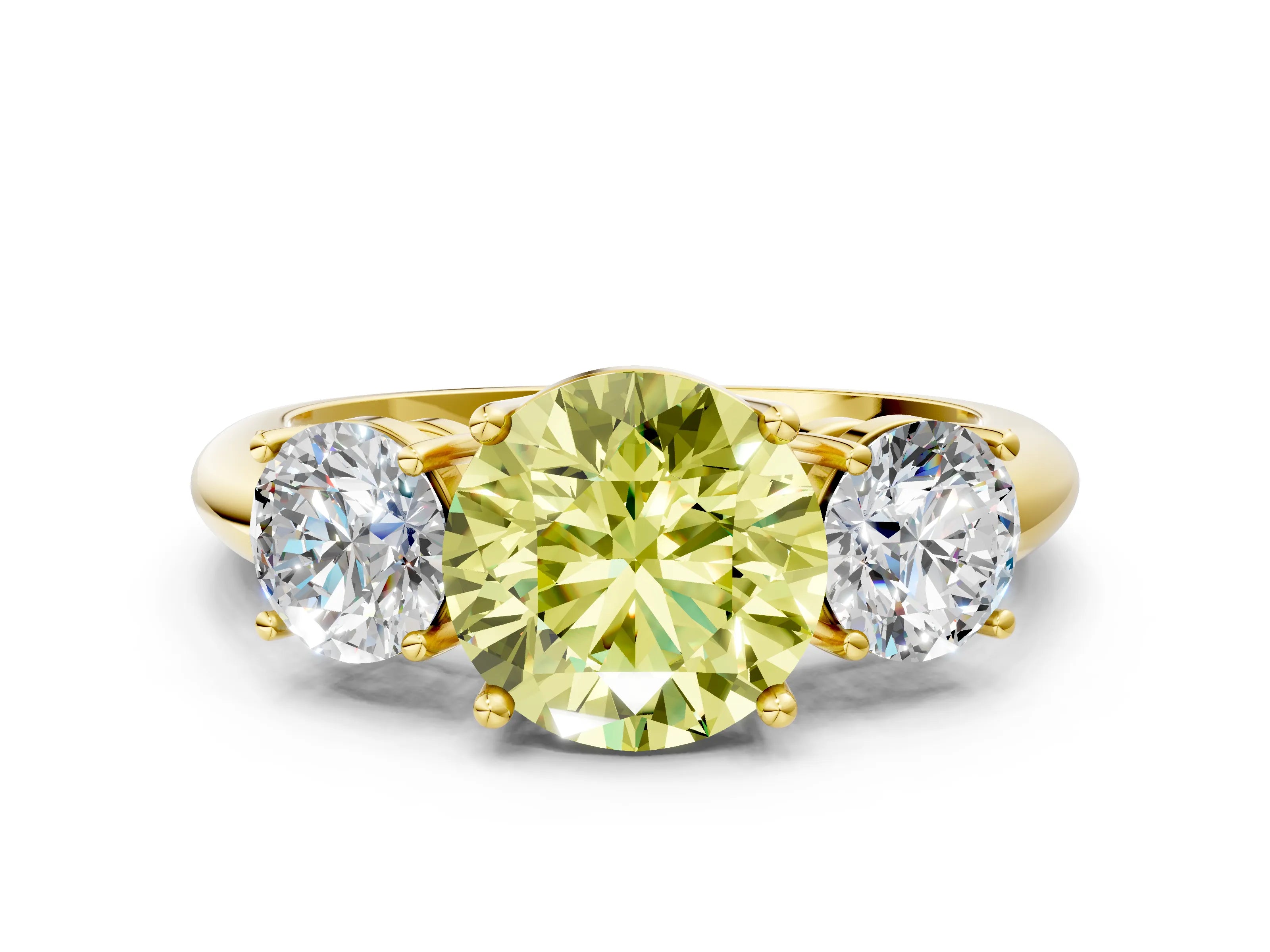 Yellow gold Three-Stone Fancy Yellow Round Cut Cut Diamond Engagement Ring with Prong Setting on a White Gold Band_24