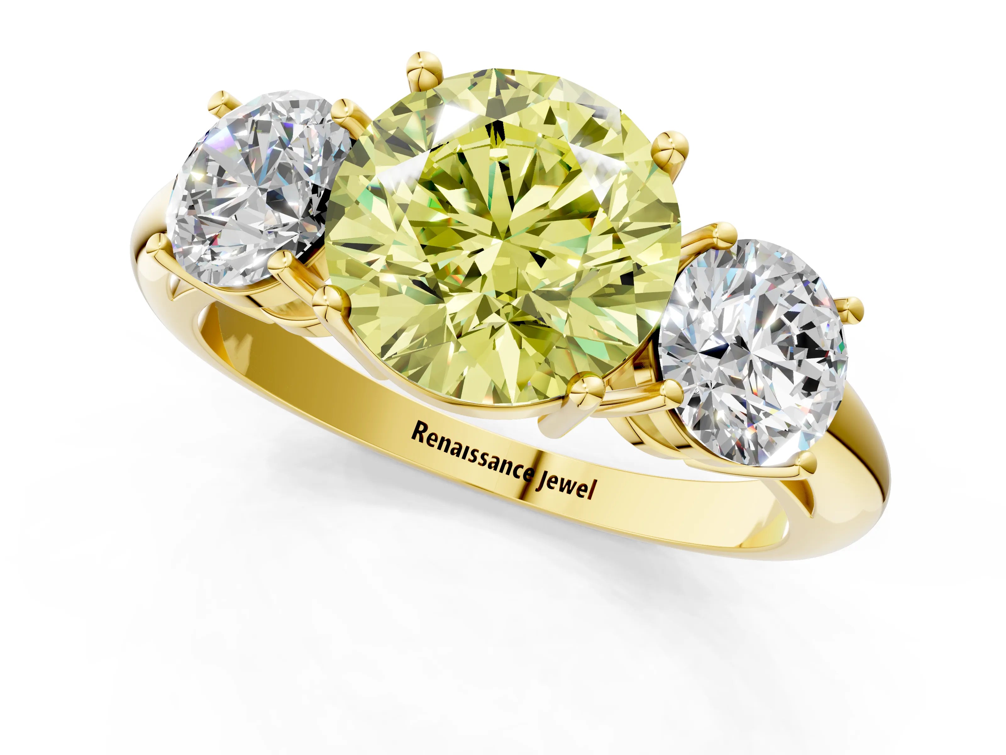 Yellow gold Three-Stone Fancy Yellow Round Cut Cut Diamond Engagement Ring with Prong Setting on a White Gold Band_25
