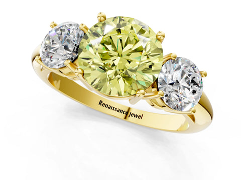 Yellow gold Three-Stone Fancy Yellow Round Cut Cut Diamond Engagement Ring with Prong Setting on a White Gold Band_25