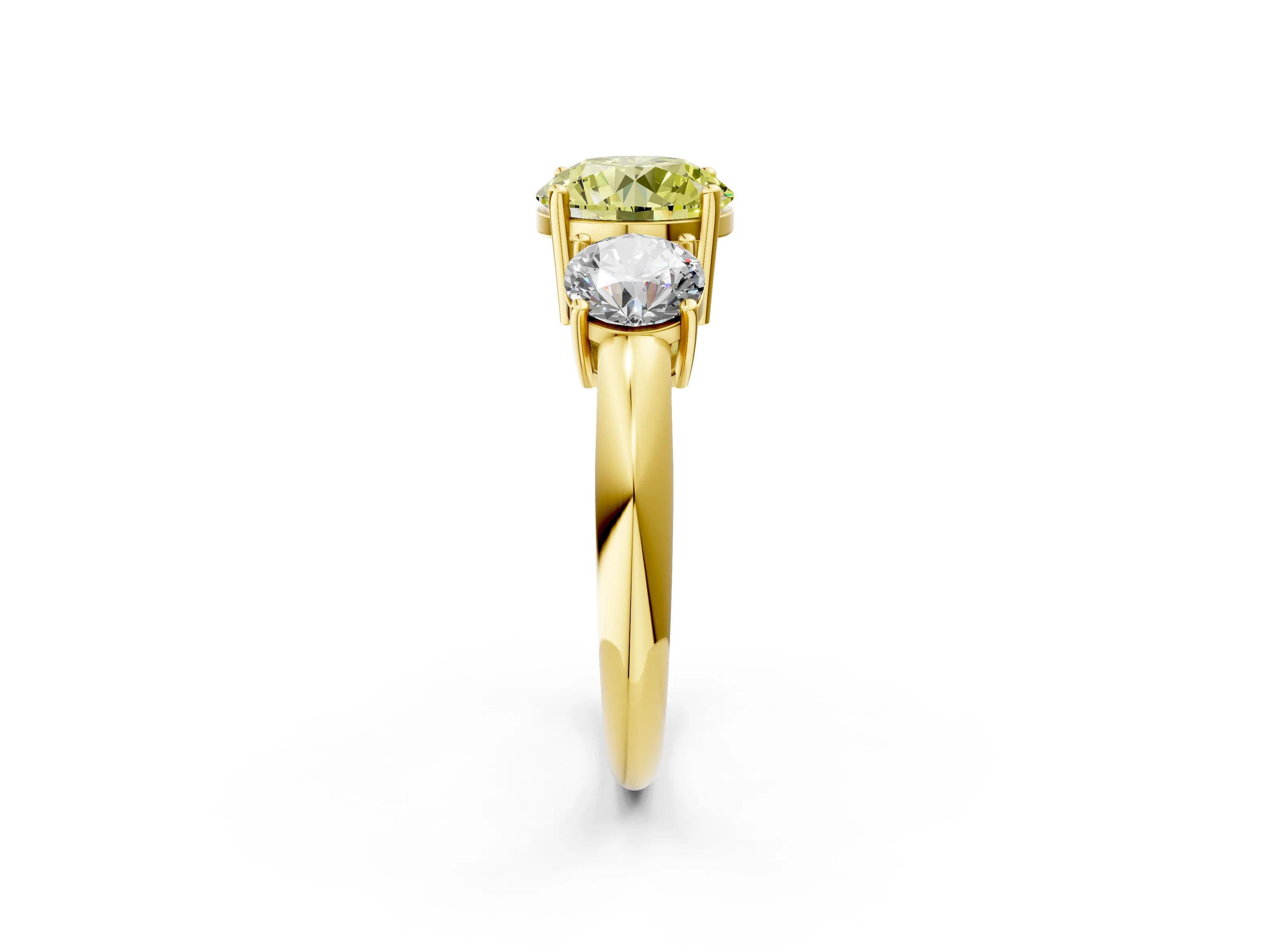 Yellow gold Three-Stone Fancy Yellow Round Cut Cut Diamond Engagement Ring with Prong Setting on a White Gold Band_26