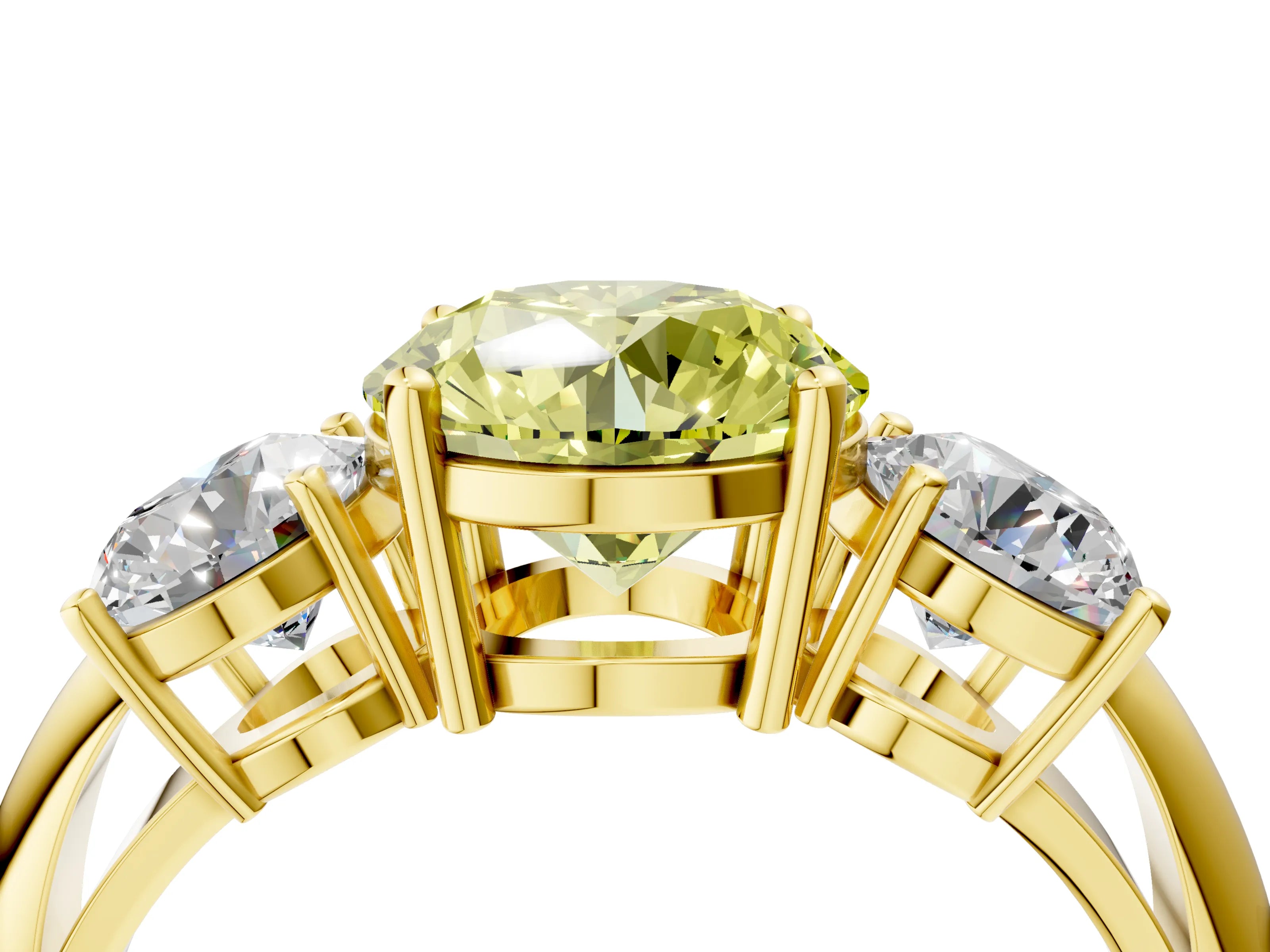 Yellow gold Three-Stone Fancy Yellow Round Cut Cut Diamond Engagement Ring with Prong Setting on a White Gold Band_4