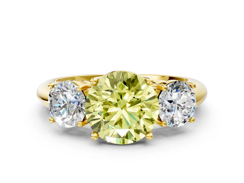 Yellow gold Three-Stone Fancy Yellow Round Cut Cut Diamond Engagement Ring with Prong Setting on a White Gold Band