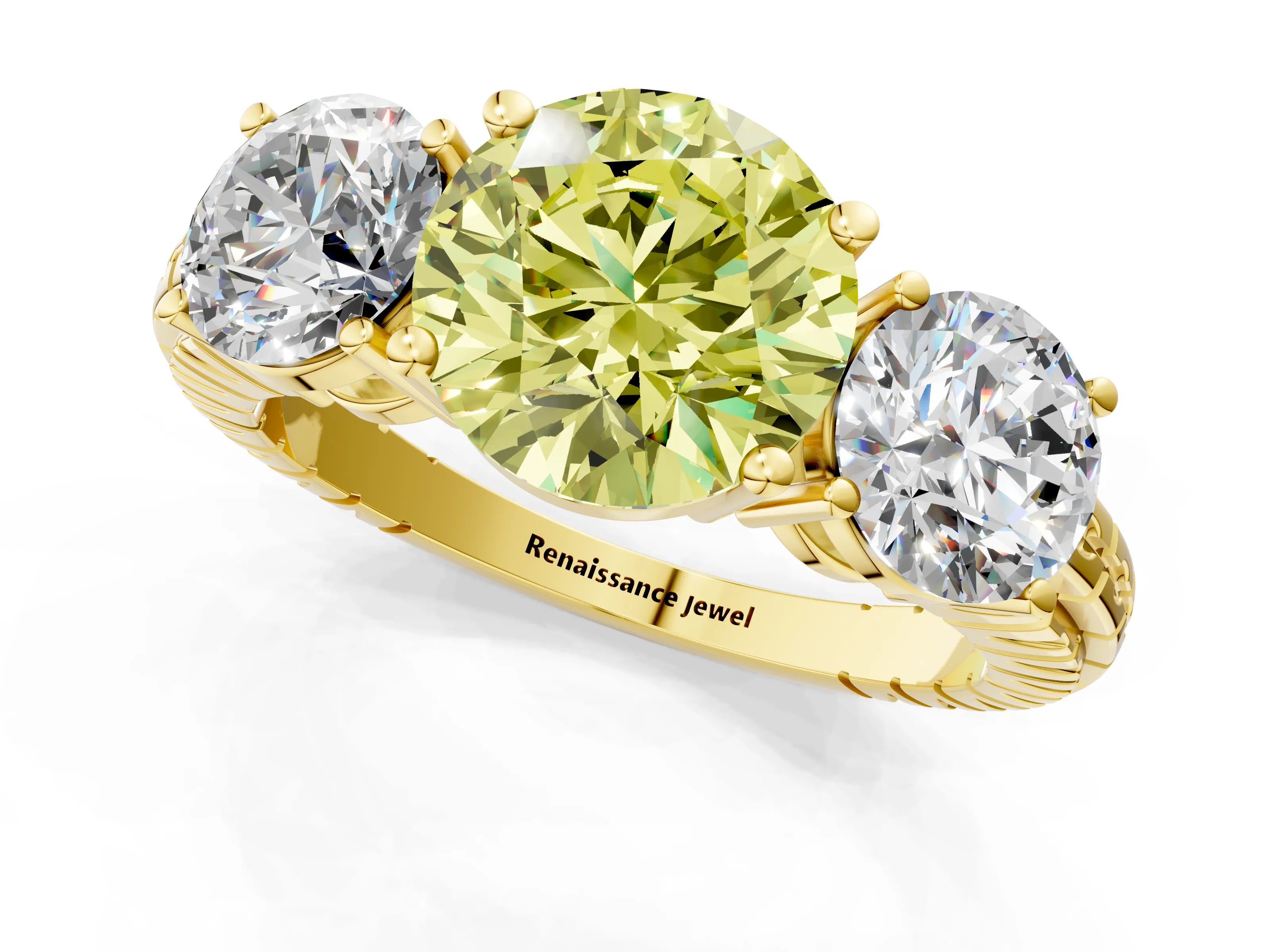 Yellow gold Three-Stone Fancy Yellow Round Cut Cut Diamond Ring with Channel-Set Band and Prong Setting_1