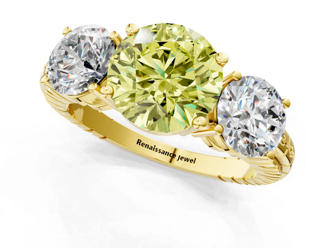 Yellow gold Three-Stone Fancy Yellow Round Cut Cut Diamond Ring with Channel-Set Band and Prong Setting_1