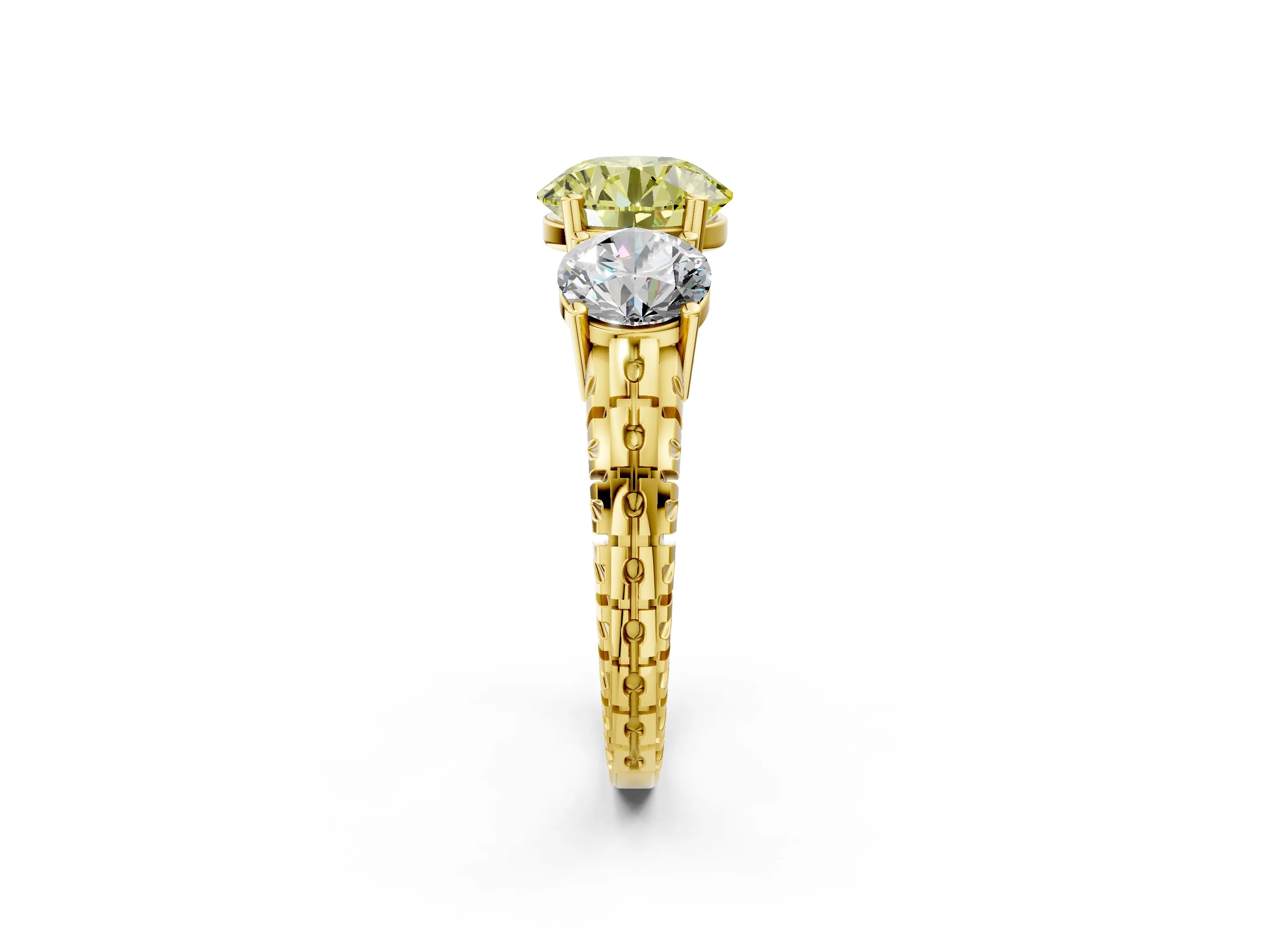 Yellow gold Three-Stone Fancy Yellow Round Cut Cut Diamond Ring with Channel-Set Band and Prong Setting_2
