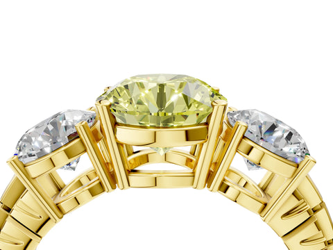 Yellow gold Three-Stone Fancy Yellow Round Cut Cut Diamond Ring with Channel-Set Band and Prong Setting_4