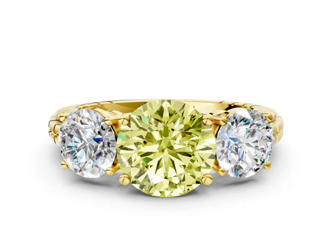 Yellow gold Three-Stone Fancy Yellow Round Cut Cut Diamond Ring with Channel-Set Band and Prong Setting
