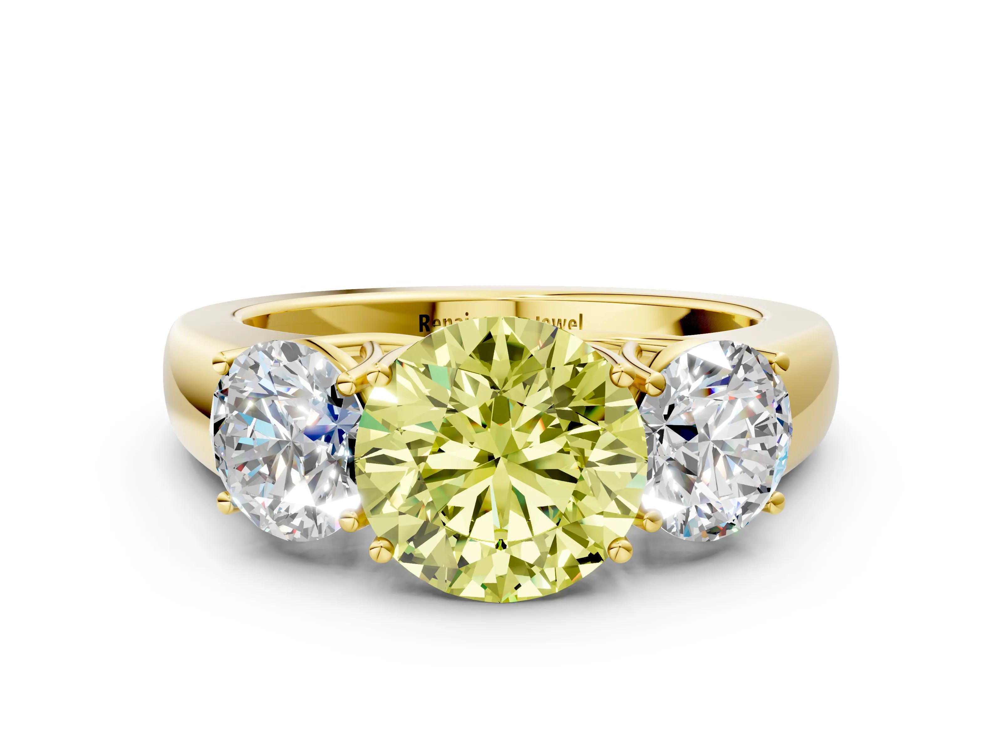 Yellow gold Three-Stone Fancy Yellow Round Cut Cut Diamond Ring with Prong Setting and Classic Band