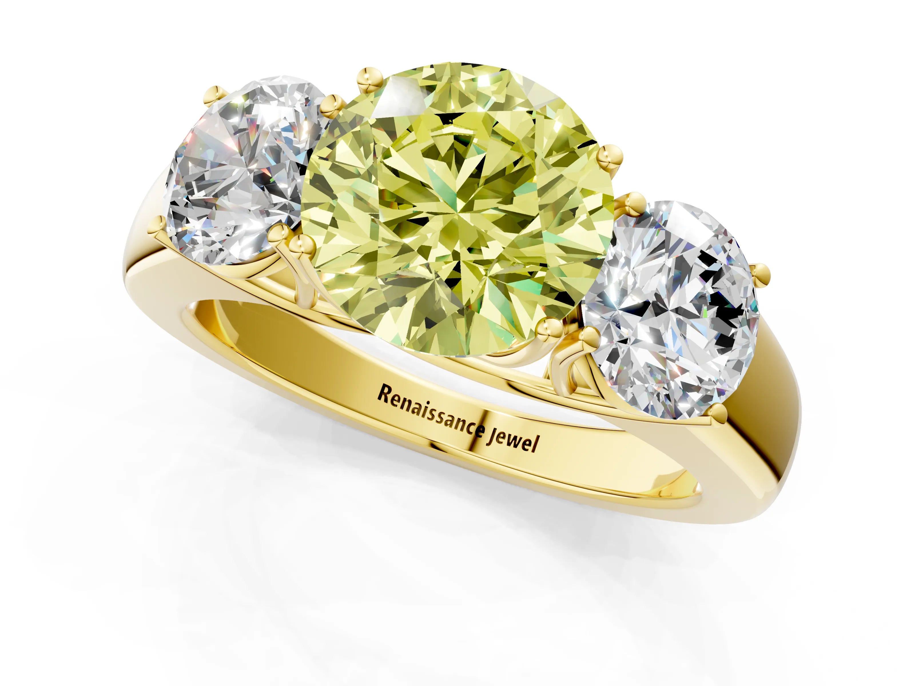 Yellow gold Three-Stone Fancy Yellow Round Cut Cut Diamond Ring with Prong Setting and Classic Band_1