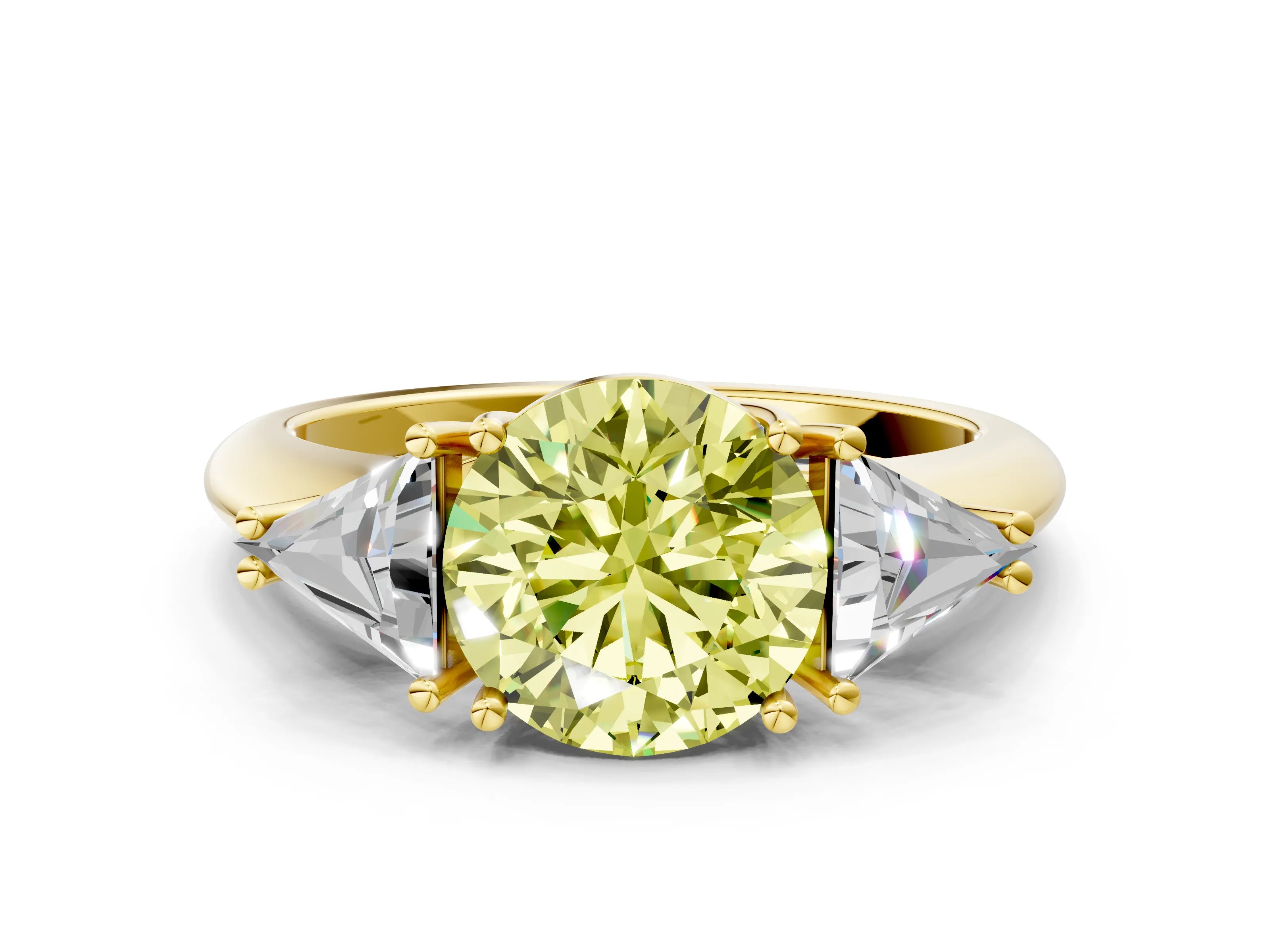 Yellow gold Three-Stone Fancy Yellow Round Cut Cut Diamond Ring with Trillion Side Stones and Four-Prong Setting_3