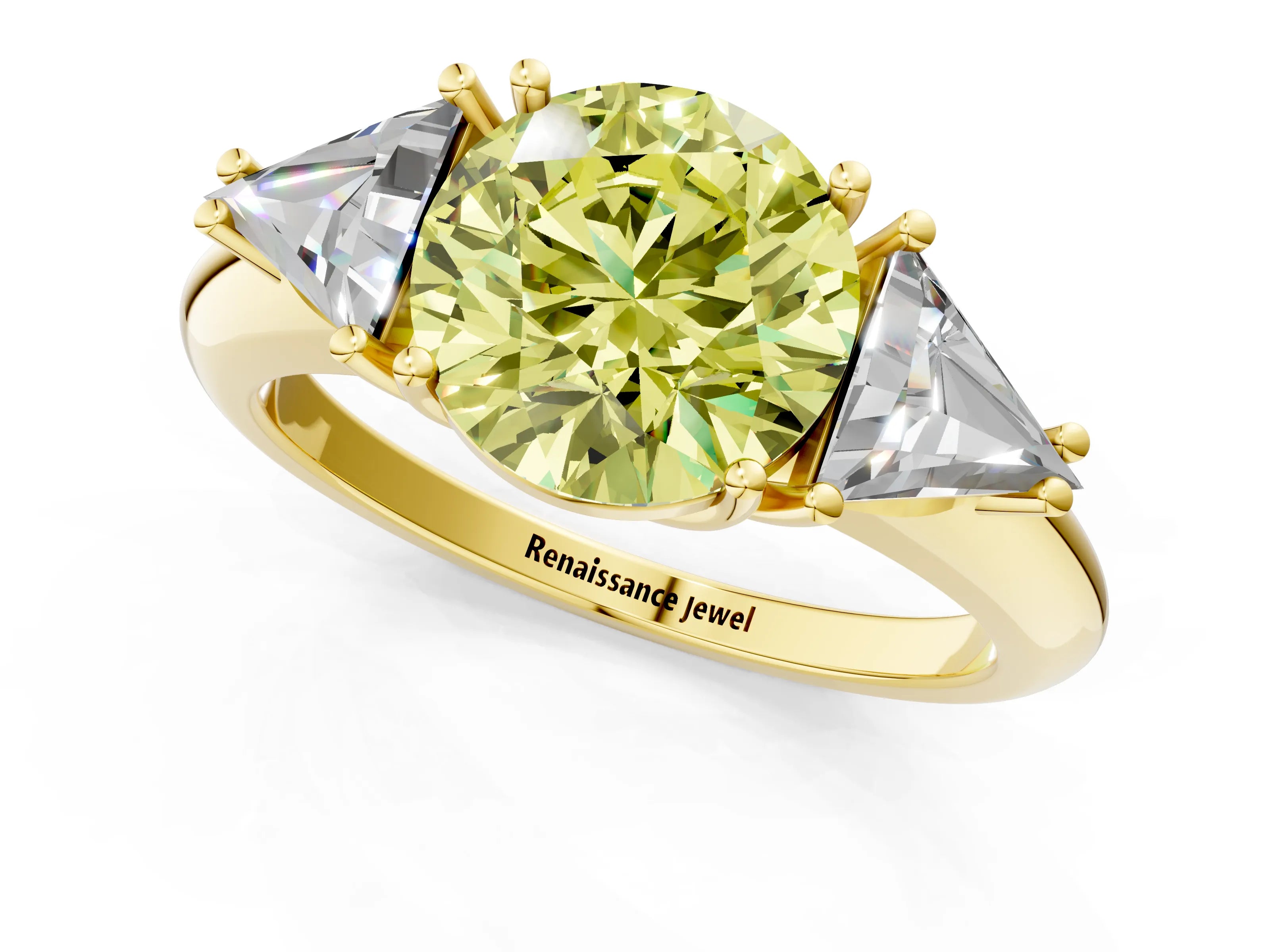 Yellow gold Three-Stone Fancy Yellow Round Cut Cut Diamond Ring with Trillion Side Stones and Four-Prong Setting_4