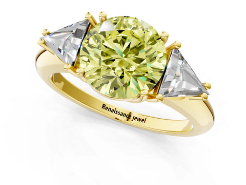 Yellow gold Three-Stone Fancy Yellow Round Cut Cut Diamond Ring with Trillion Side Stones and Four-Prong Setting_4