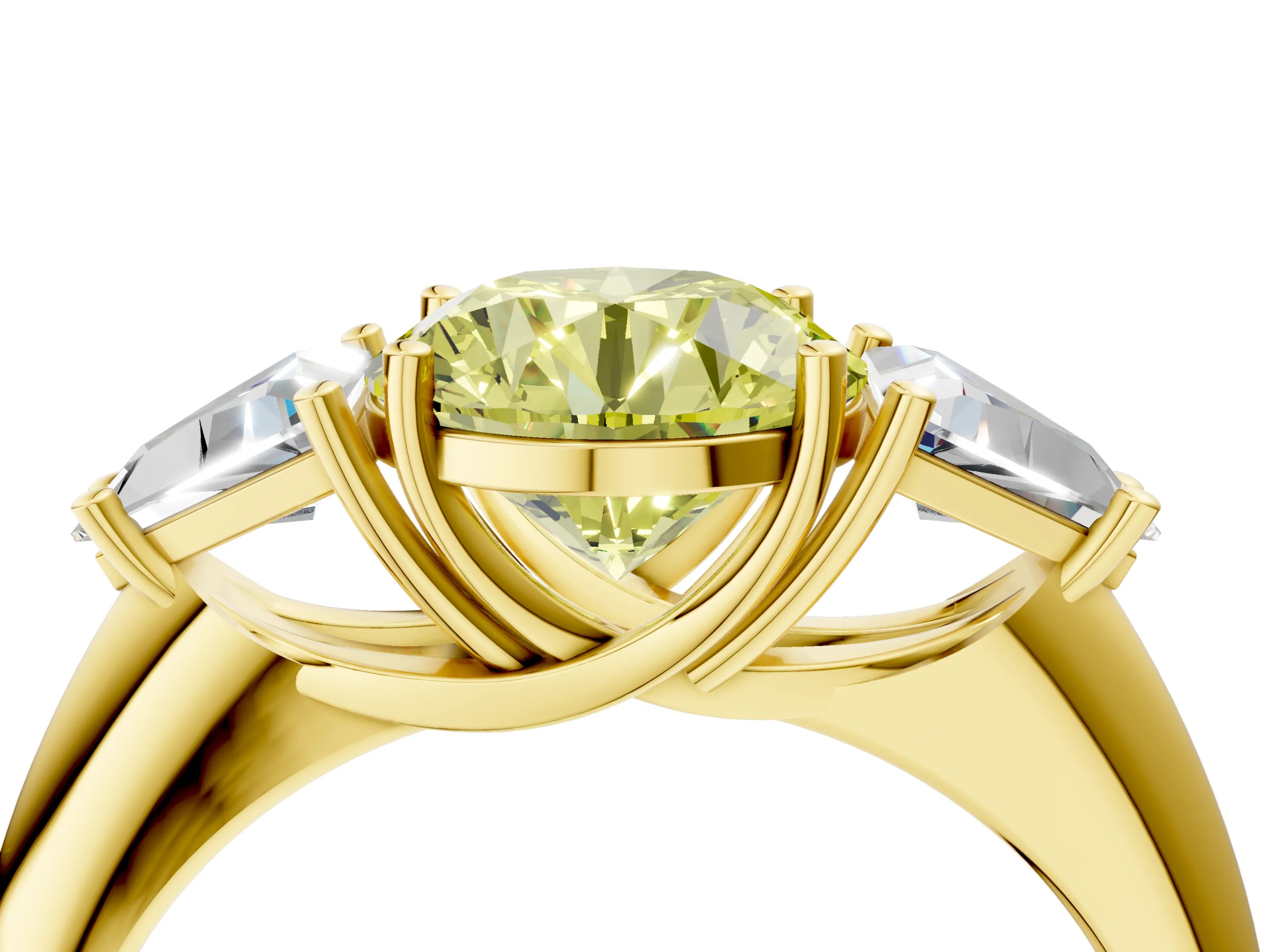 Yellow gold Three-Stone Fancy Yellow Round Cut Cut Diamond Ring with Trillion Side Stones and Four-Prong Setting_7