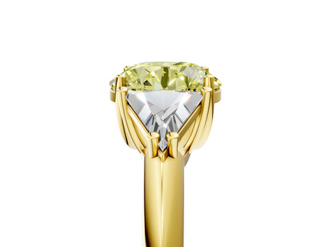 Yellow gold Three-Stone Fancy Yellow Round Cut Cut Diamond Ring with Trillion Side Stones and Four-Prong Setting_8