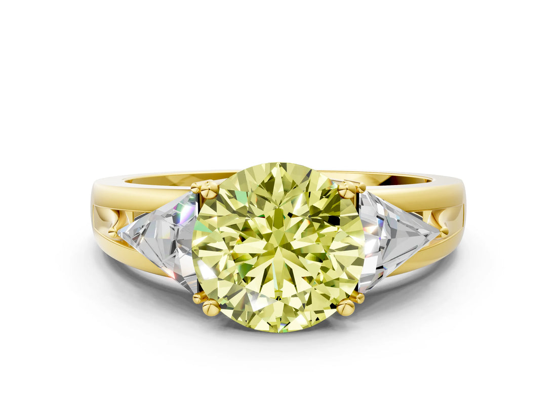 Yellow gold Three-Stone Fancy Yellow Round Cut Cut Diamond Ring with Trillion Side Stones on a Split Shank Band