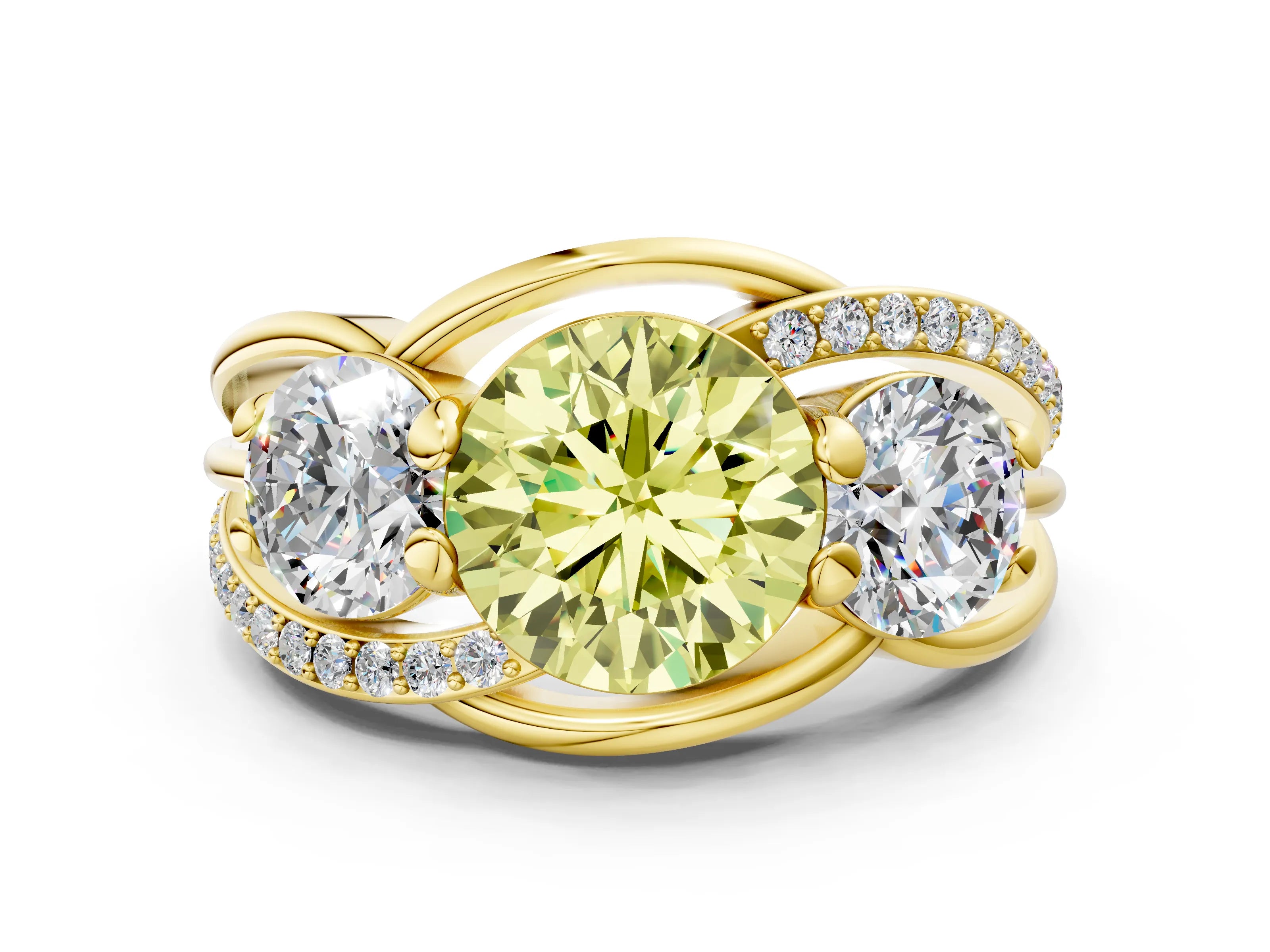 Yellow gold Three-Stone Fancy Yellow Round Cut Cut Diamond Split Shank Prong Set Ring