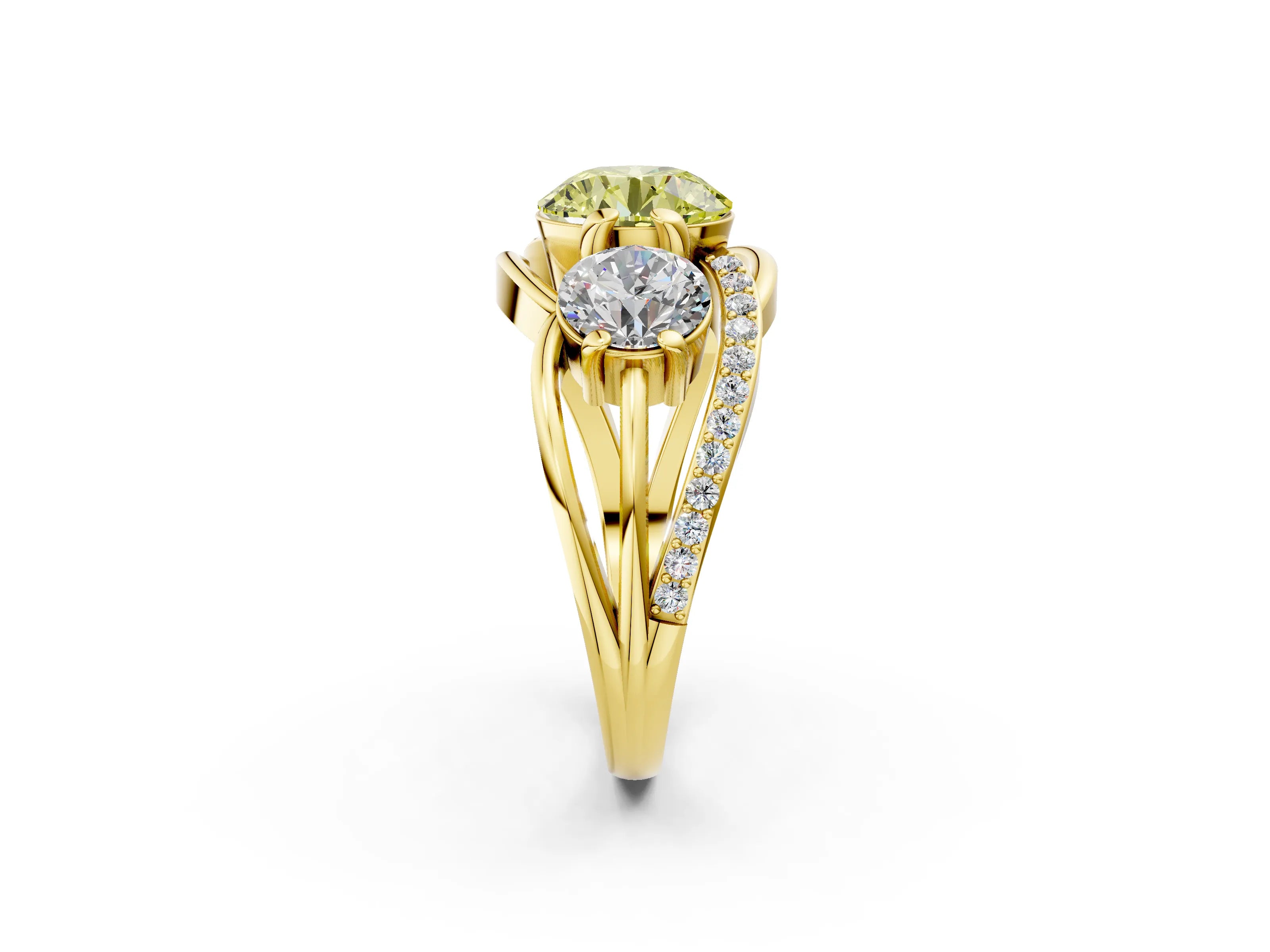 Yellow gold Three-Stone Fancy Yellow Round Cut Cut Diamond Split Shank Prong Set Ring_2