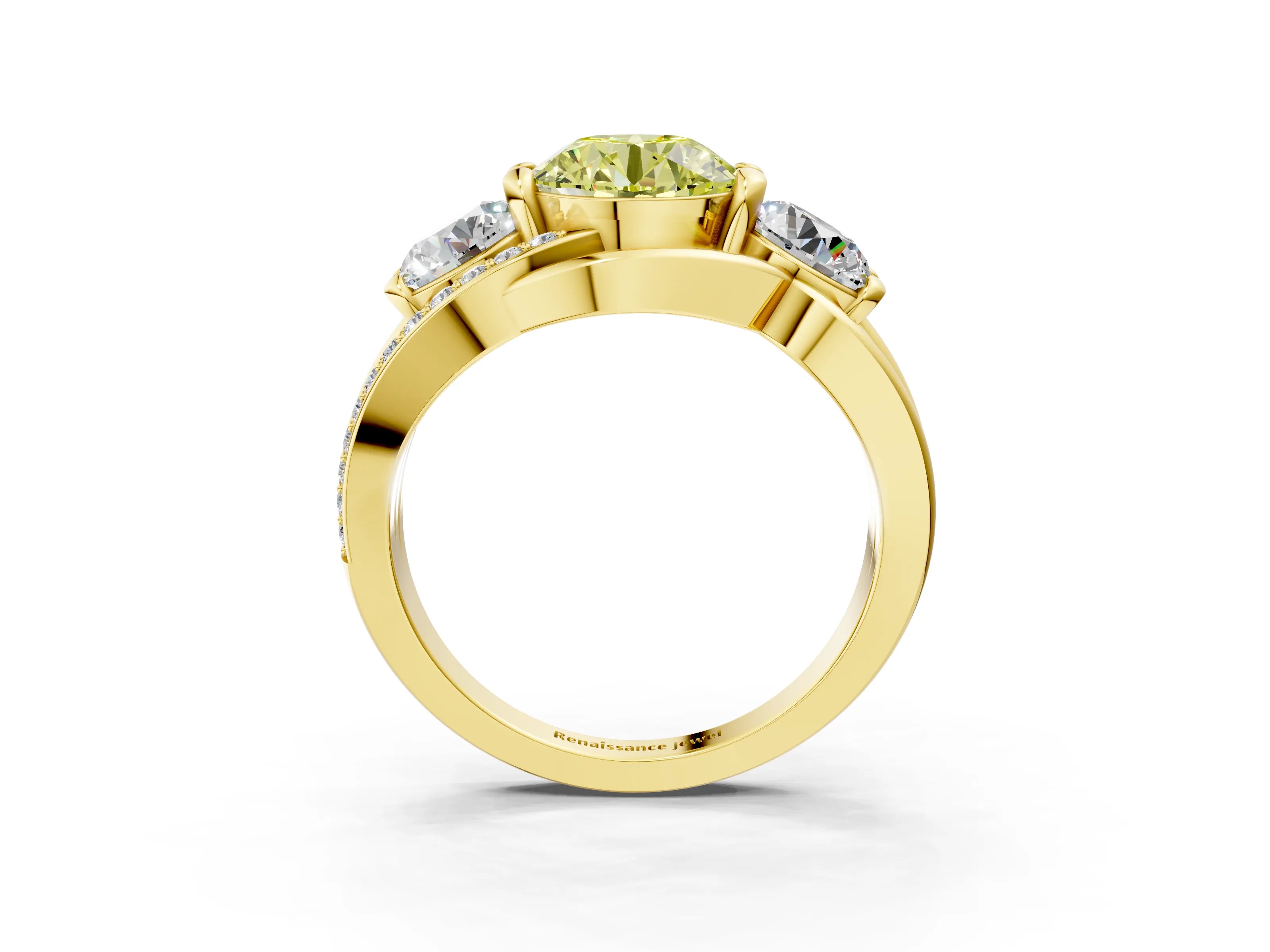 Yellow gold Three-Stone Fancy Yellow Round Cut Cut Diamond Split Shank Prong Set Ring_3