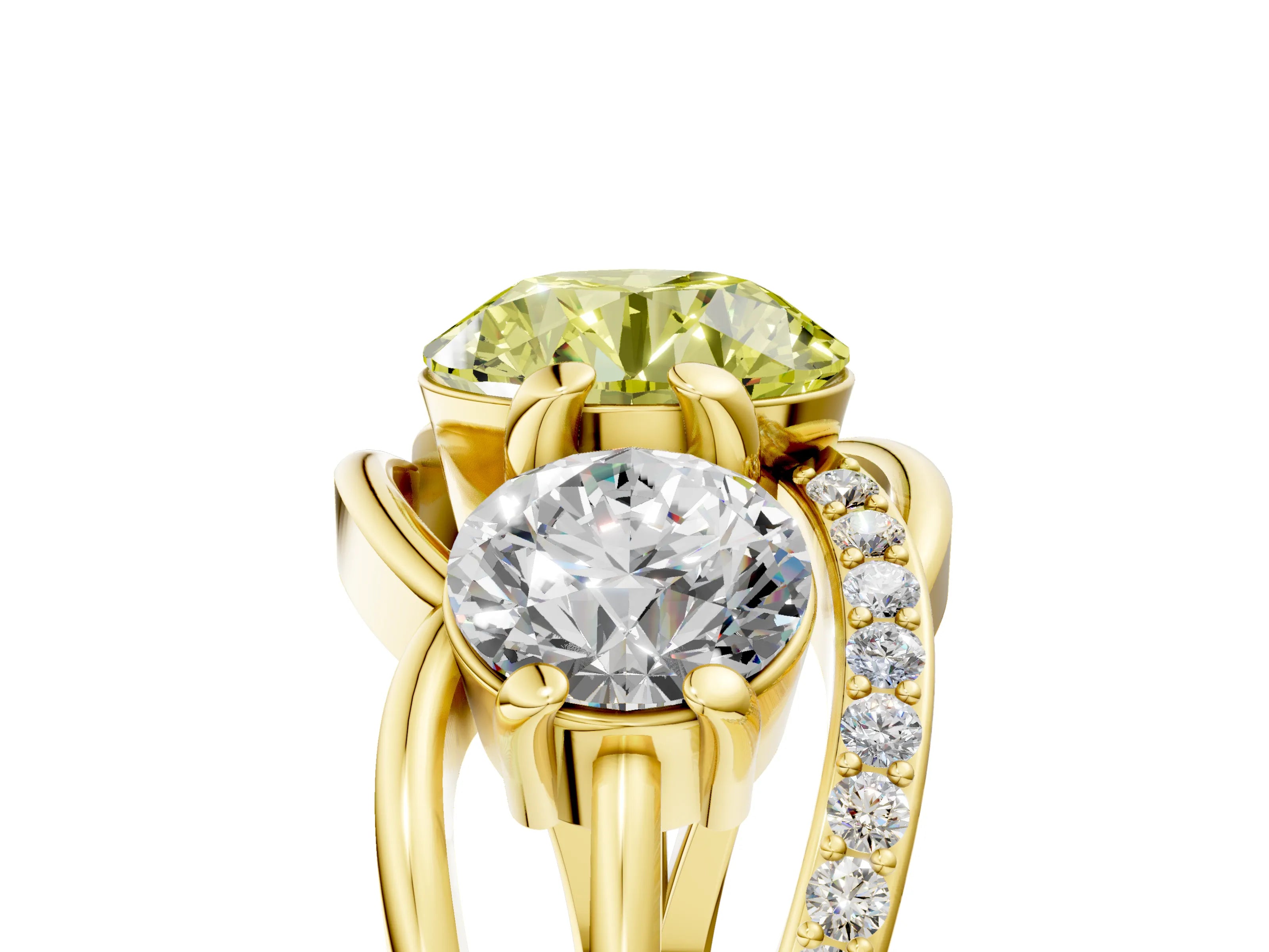 Yellow gold Three-Stone Fancy Yellow Round Cut Cut Diamond Split Shank Prong Set Ring_5