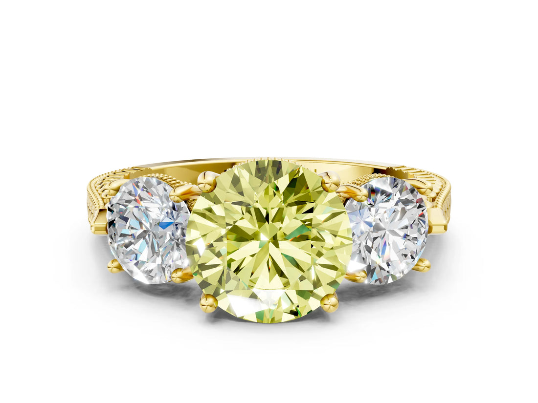 Yellow gold Three-Stone Fancy Yellow Round Cut Cut Milgrain Band Prong Setting Ring
