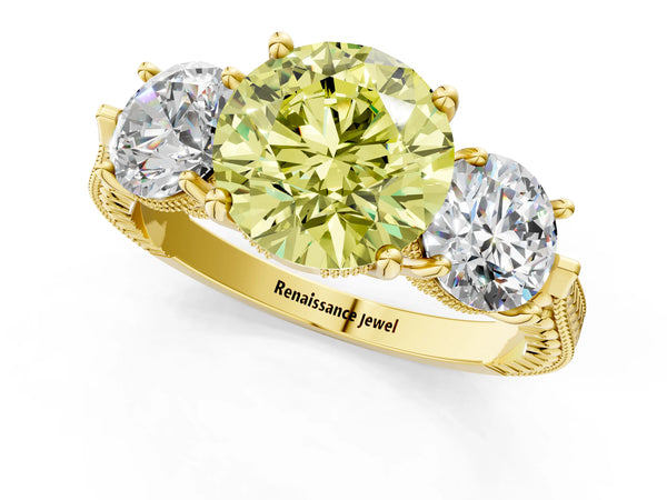 Yellow Gold Round Vintage Three Stone Engagement Ring Setting for Fancy Yellow Center