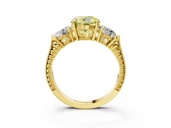 Yellow Gold Round Vintage Three Stone Engagement Ring Setting for Fancy Yellow Center