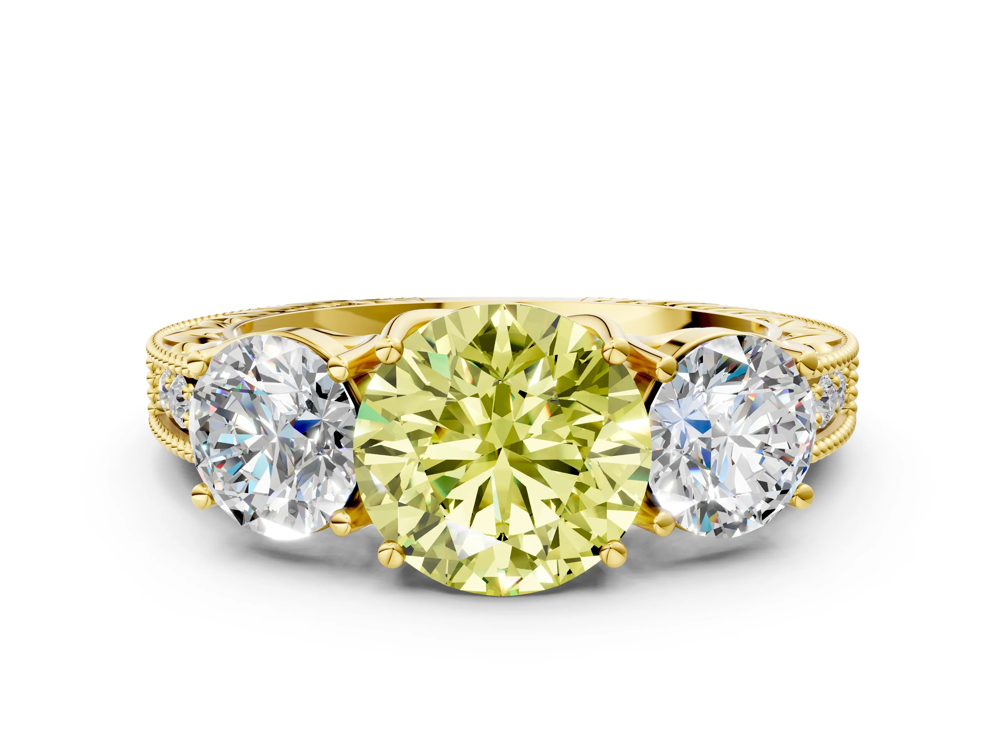 Yellow gold Three-Stone Fancy Yellow Round Cut Cut Milgrain Pavé Engagement Ring