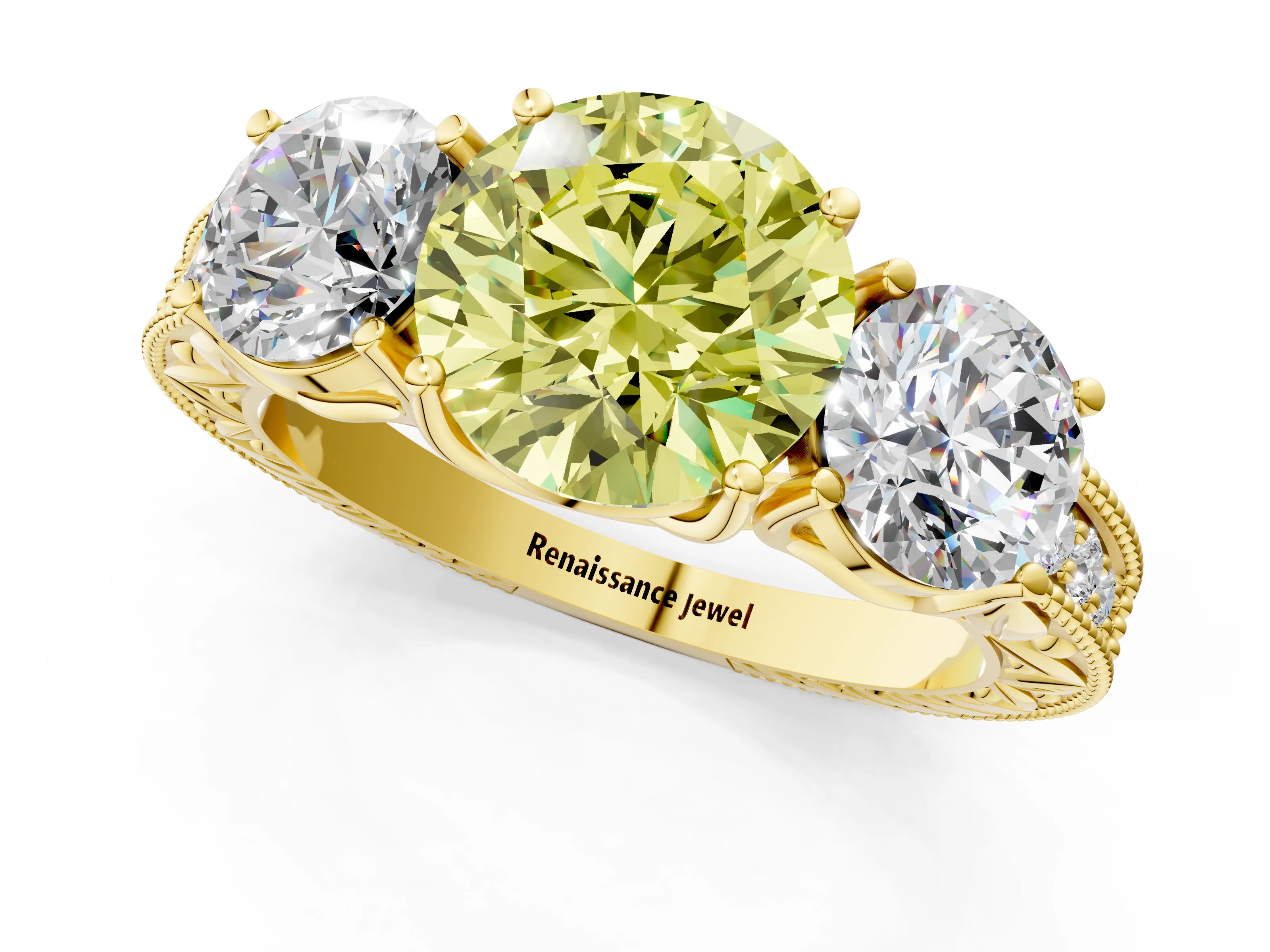 Yellow gold Three-Stone Fancy Yellow Round Cut Cut Milgrain Pavé Engagement Ring_1