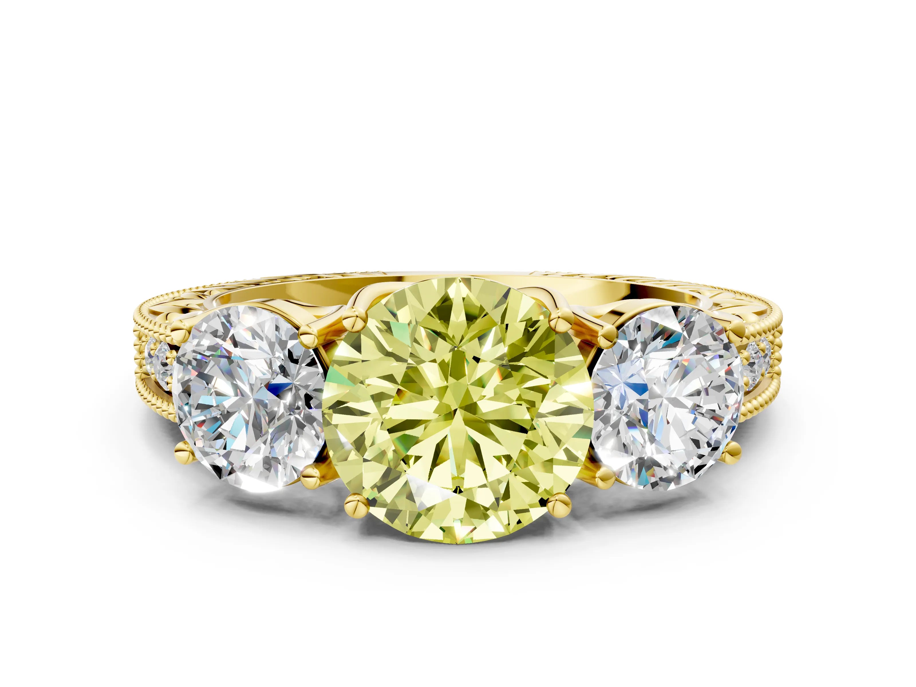 Yellow gold Three-Stone Fancy Yellow Round Cut Cut Milgrain Pavé Engagement Ring_12