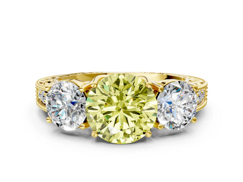 Yellow gold Three-Stone Fancy Yellow Round Cut Cut Milgrain Pavé Engagement Ring_12